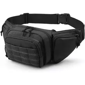 Schwarze Bauchtasche aus Nylon mit Außentasche, Klettfläche und Hüftgurt, frei stehend