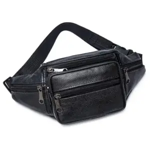 Schwarze Bauchtasche aus Leder mit mehreren Reißverschlussfächern und breitem schwarzem Gurt