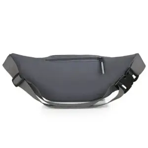 Graue Bauchtasche aus Stoff von hinten gesehen mit verstellbarem Gurt und Schnalle