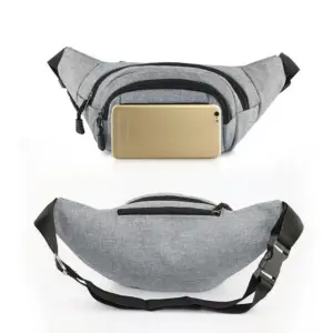 Graue Bauchtasche von vorn und hinten mit schwarzem Gurt, Handy vor dem Frontfach