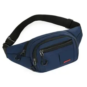 Blaue Nylon-Bauchtasche mit mehreren Reißverschlussfächern und schwarzem Gurt auf weißem Hintergrund