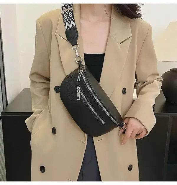 Bauchtasche Damen Kunstleder mit Webgurt und Reißverschlüssen – Bild 4